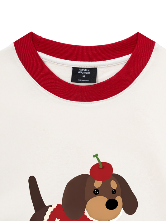 Áo Thun Ringer Relaxed Fit Animal Cute Puppy With Cherry