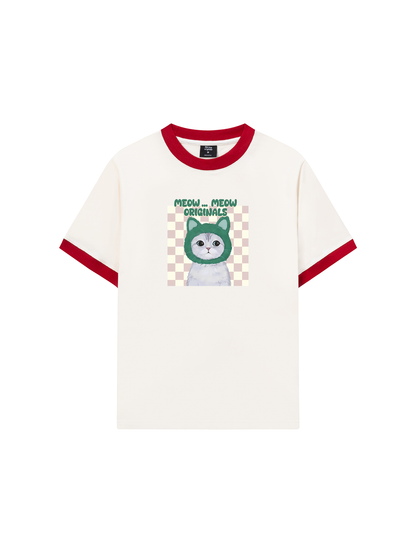 Áo Thun Ringer Relaxed Fit Animal Mood Meow Green Pink