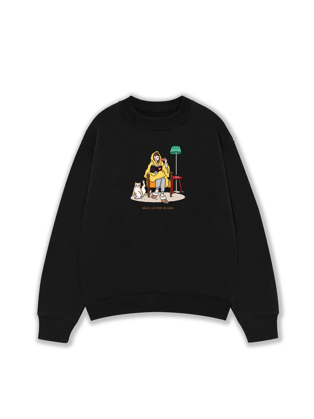 Áo Sweater Nỉ Hai Da Everyday Diary Sách Cà Phê Và Mèo