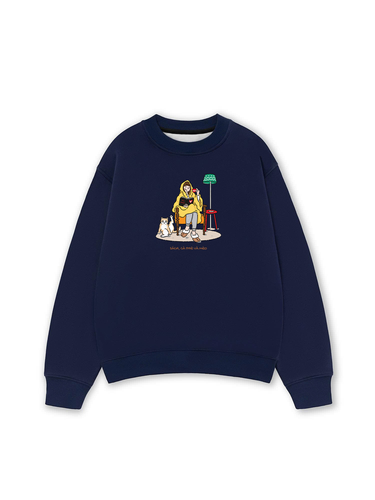 Áo Sweater Nỉ Hai Da Everyday Diary Sách Cà Phê Và Mèo