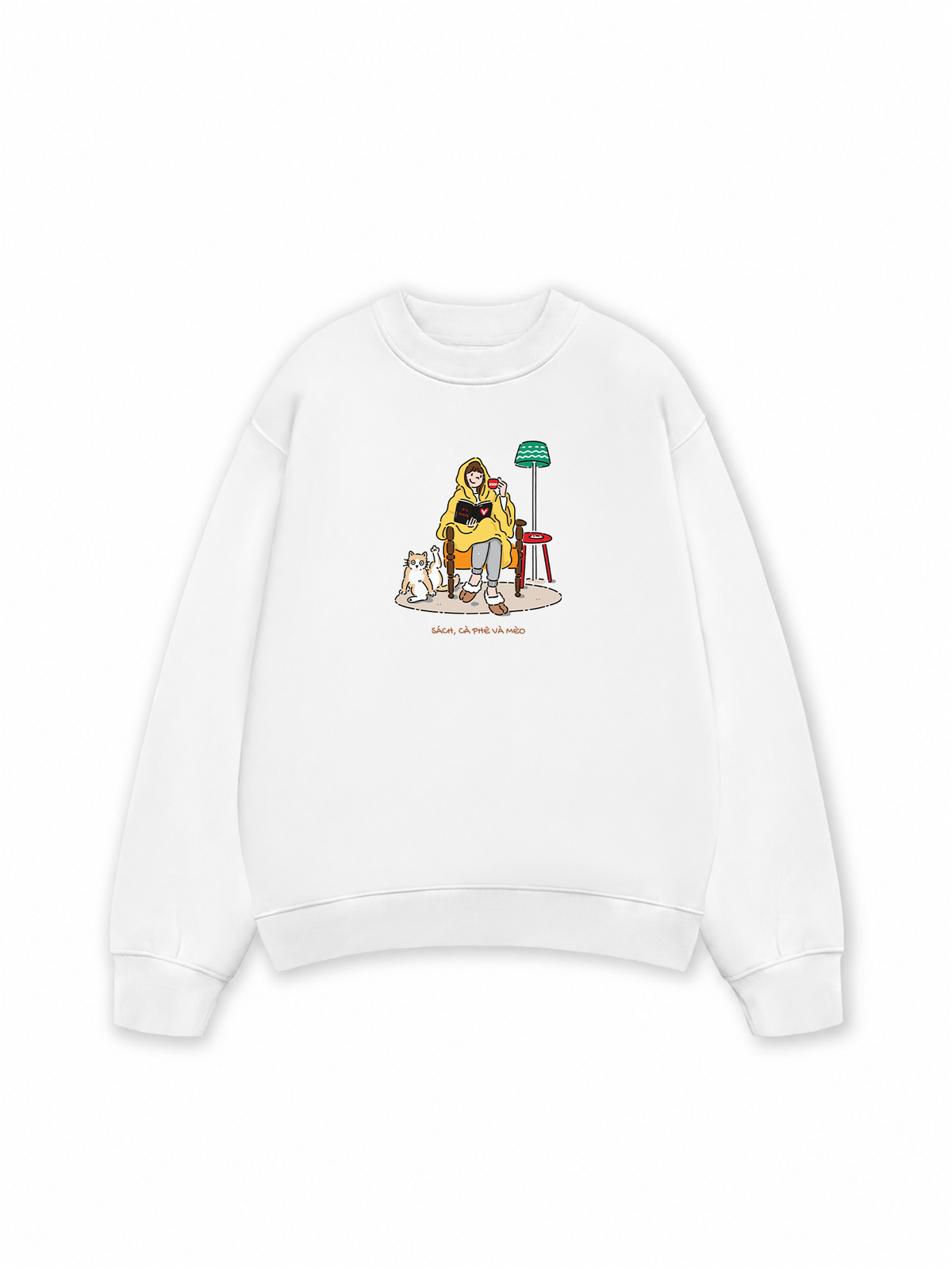 Áo Sweater Nỉ Hai Da Everyday Diary Sách Cà Phê Và Mèo