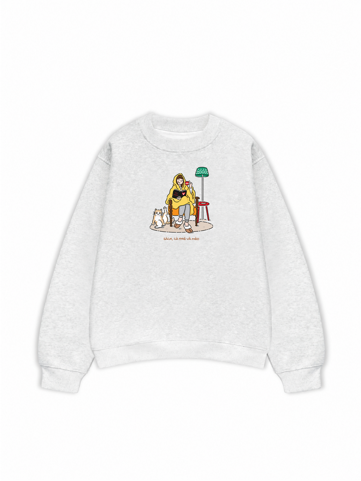 Áo Sweater Nỉ Hai Da Everyday Diary Sách Cà Phê Và Mèo