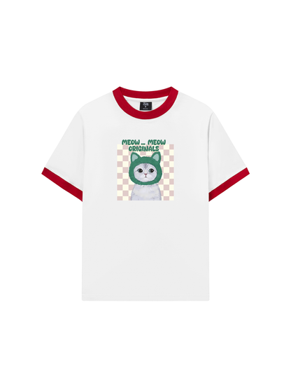 Áo Thun Ringer Relaxed Fit Animal Mood Meow Green Pink