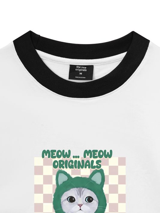 Áo Thun Ringer Relaxed Fit Animal Mood Meow Green Pink