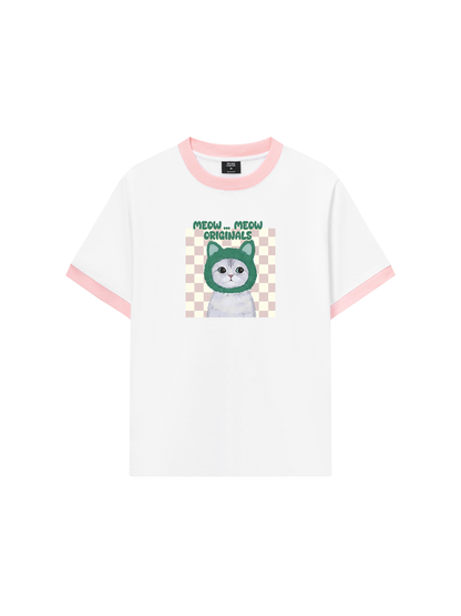 Áo Thun Ringer Relaxed Fit Animal Mood Meow Green Pink