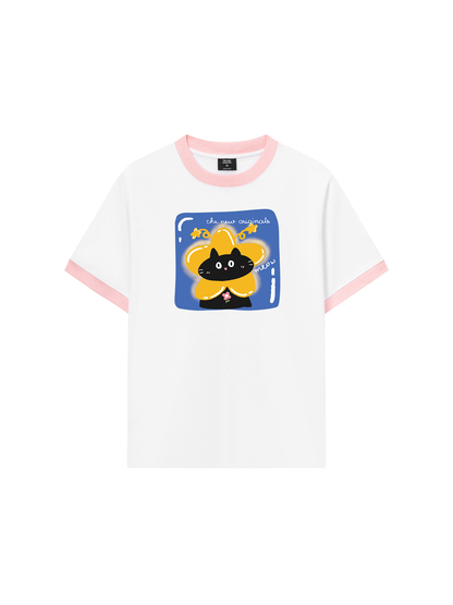 Áo Thun Ringer Relaxed Fit Black Cute Cat