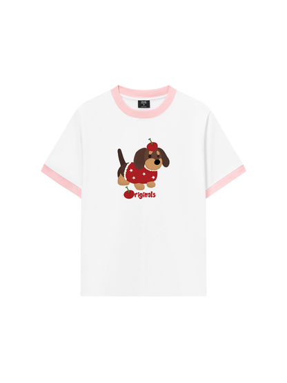 Áo Thun Ringer Relaxed Fit Animal Cute Puppy With Cherry