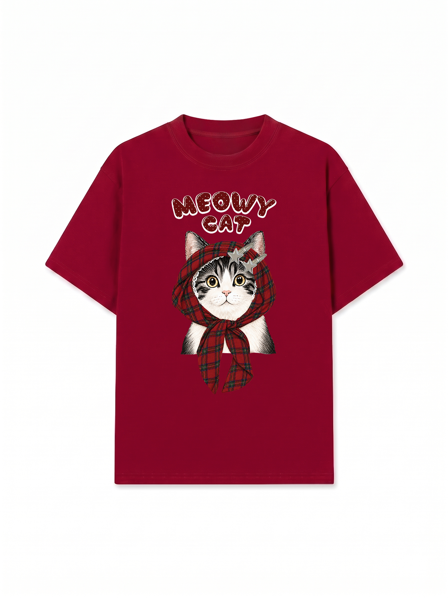Áo Thun Relaxed Fit Meowy Cat Red Xmas Plaid