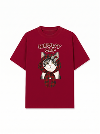 Áo Thun Relaxed Fit Meowy Cat Red Xmas Plaid