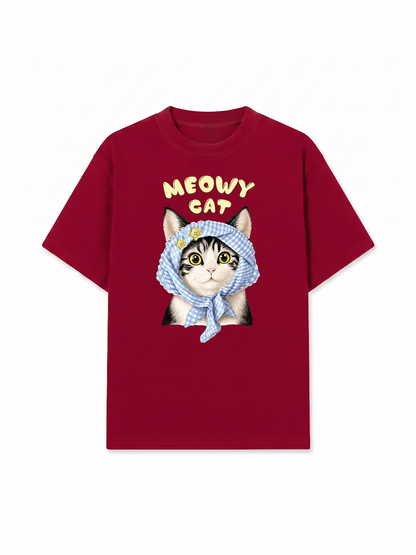 Áo Thun Relaxed Fit Blue Plaid Meowy Cat