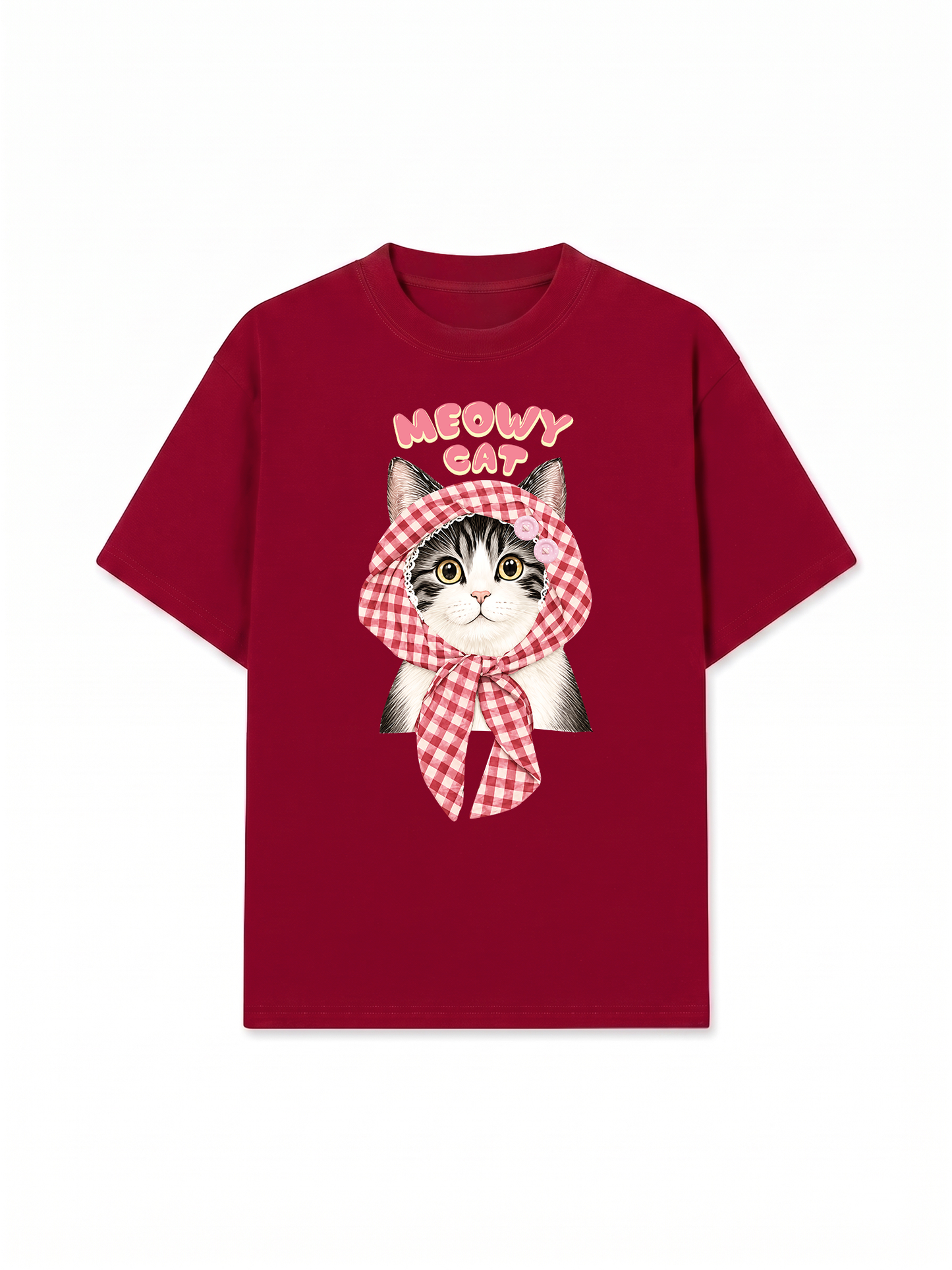 Áo Thun Relaxed Fit Meowy Cat Pink Plaid
