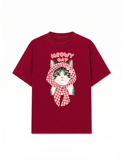 Áo Thun Relaxed Fit Meowy Cat Pink Plaid