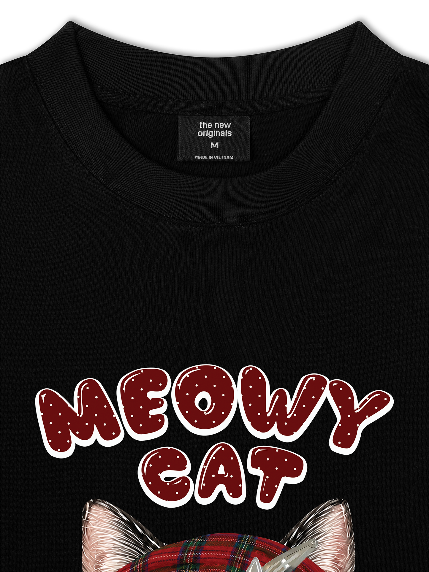 Áo Thun Relaxed Fit Meowy Cat Red Xmas Plaid