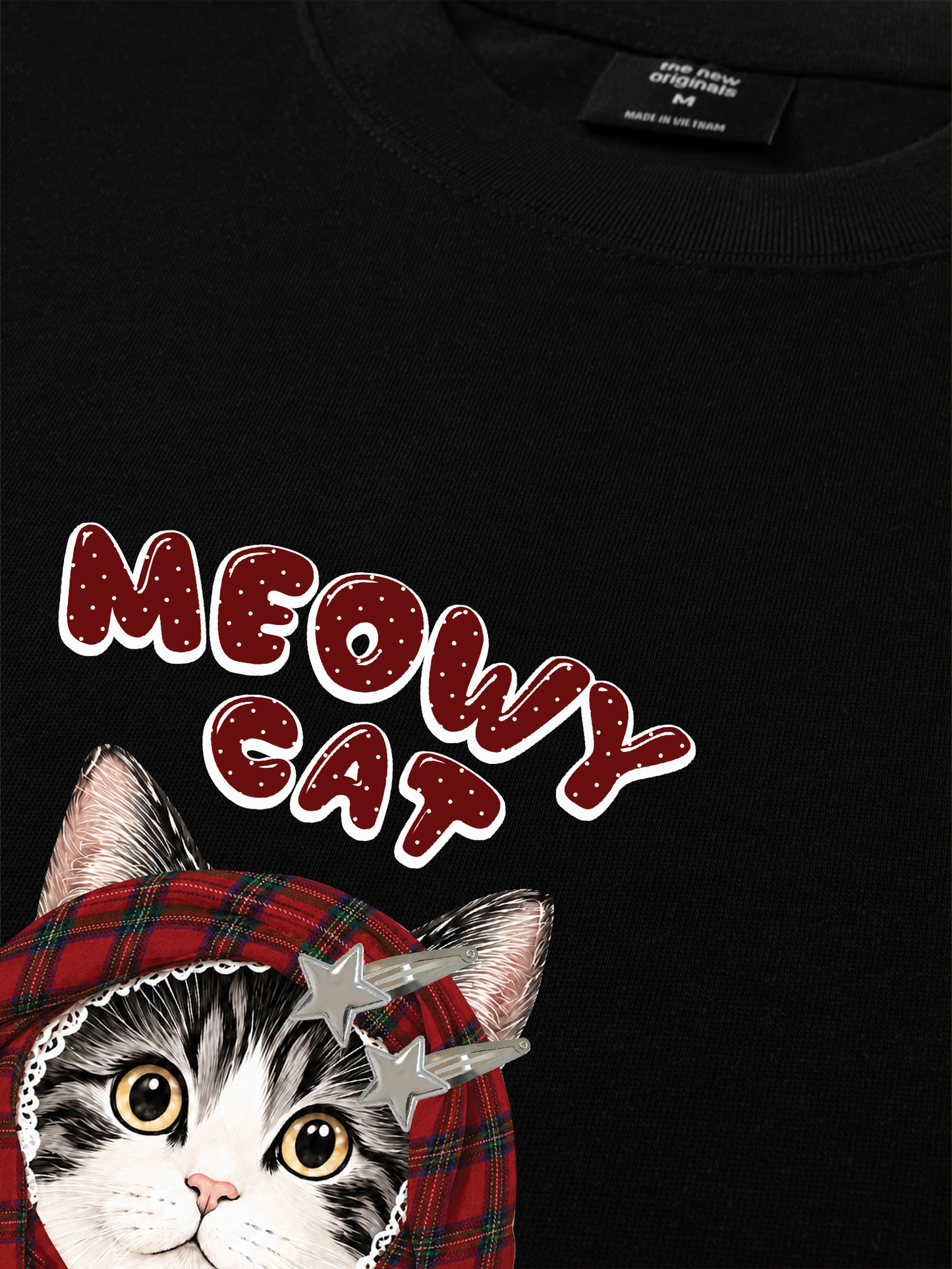 Áo Thun Relaxed Fit Meowy Cat Red Xmas Plaid