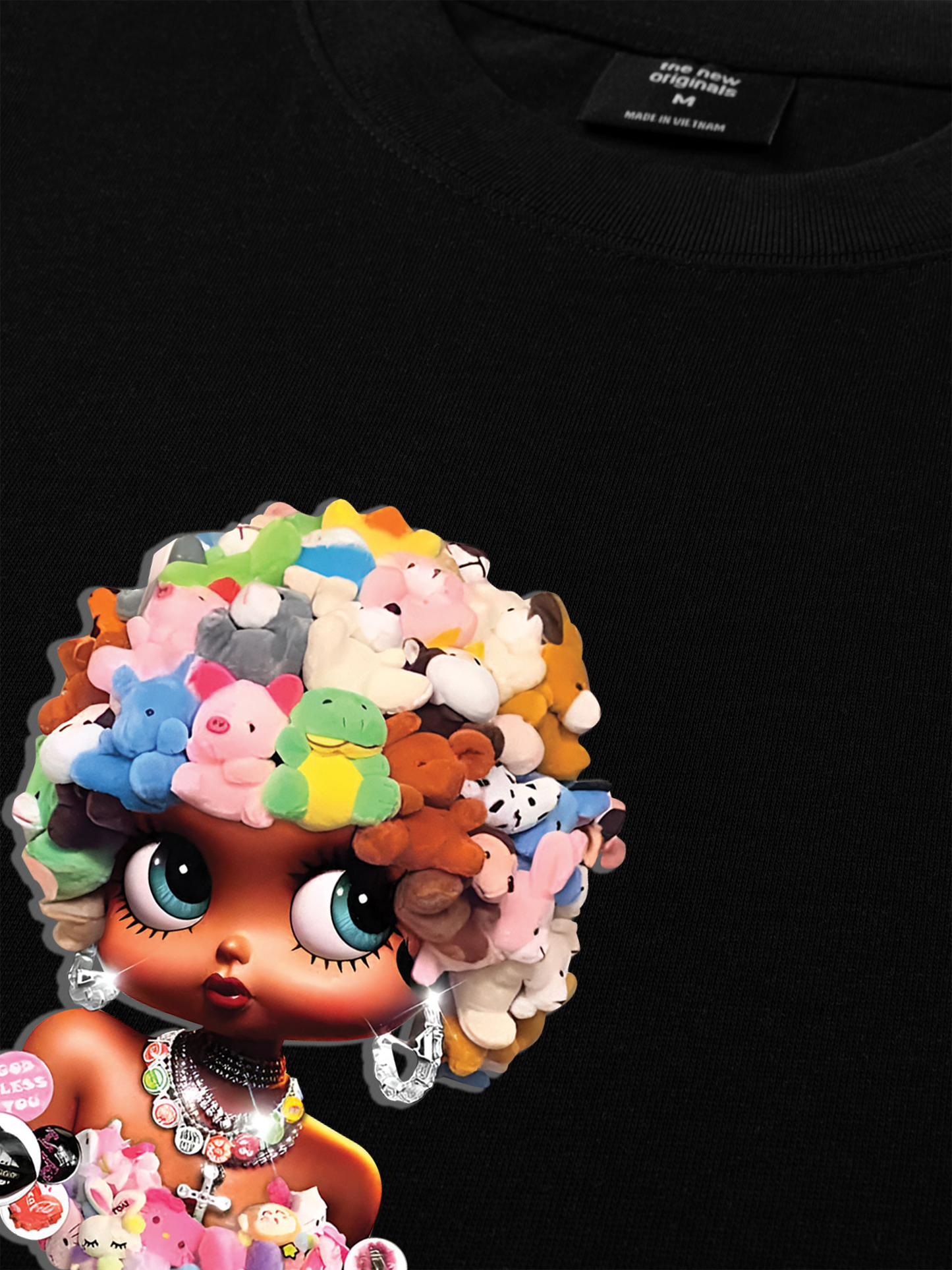Áo Thun Relaxed Fit Colorful Plush Doll Head Cover Cartoon Girl