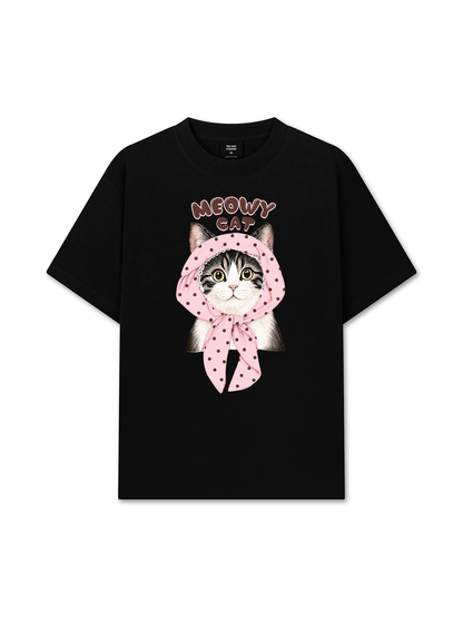 Áo Thun Relaxed Fit Meowy Cat Pink Polka