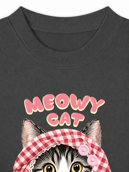 Áo Thun Relaxed Fit Meowy Cat Pink Plaid