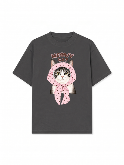 Áo Thun Relaxed Fit Meowy Cat Pink Polka