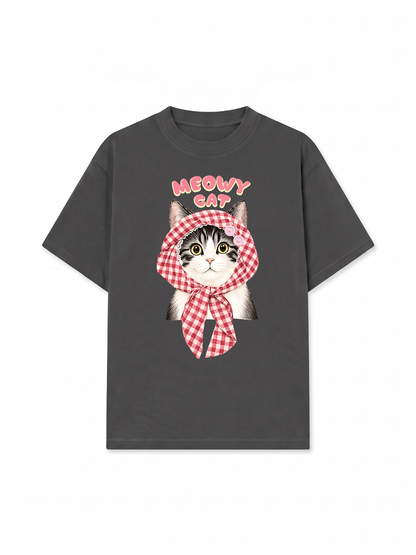 Áo Thun Relaxed Fit Meowy Cat Pink Plaid