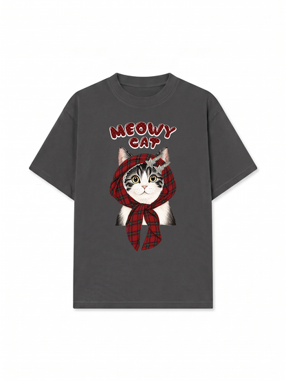 Áo Thun Relaxed Fit Meowy Cat Red Xmas Plaid