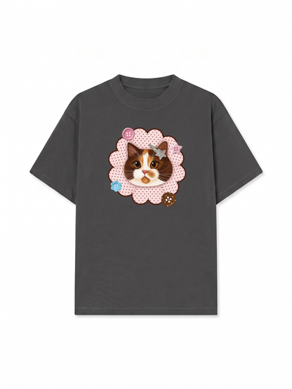 Áo Thun Relaxed Fit Cute Pink Flower Cat