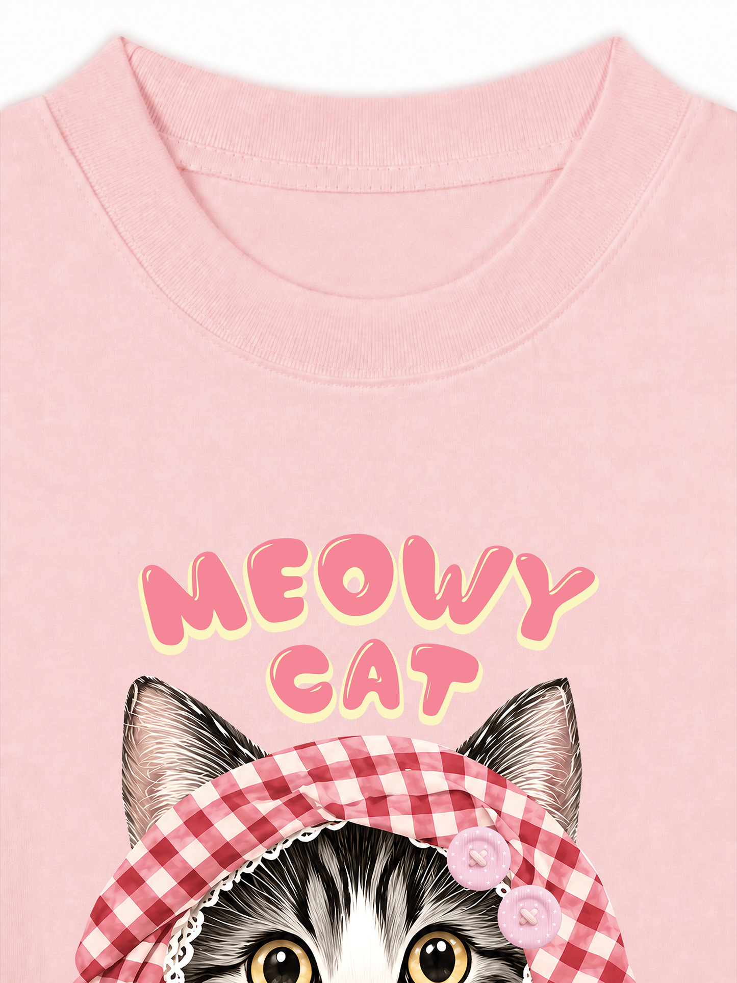 Áo Thun Relaxed Fit Meowy Cat Pink Plaid