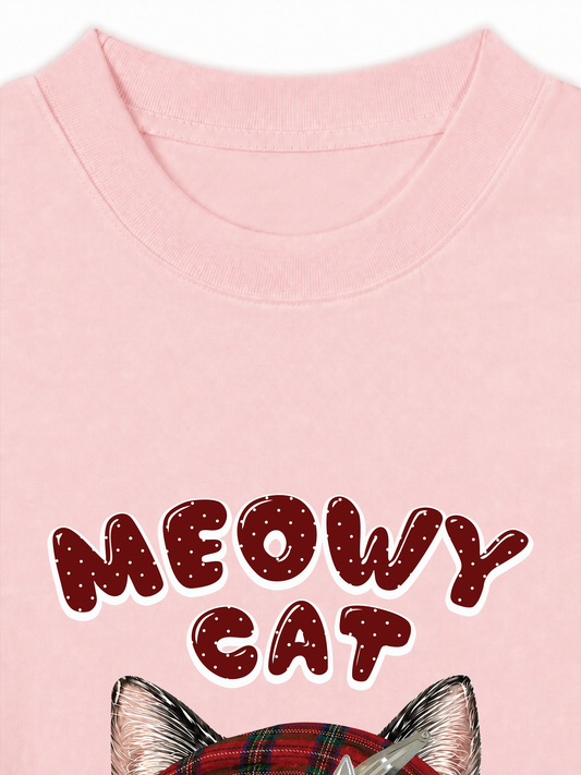 Áo Thun Relaxed Fit Meowy Cat Red Xmas Plaid