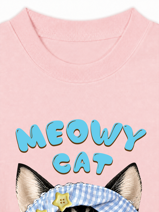 Áo Thun Relaxed Fit Blue Plaid Meowy Cat