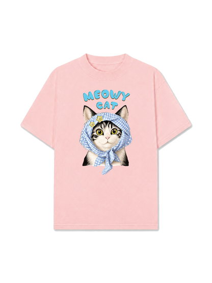 Áo Thun Relaxed Fit Blue Plaid Meowy Cat