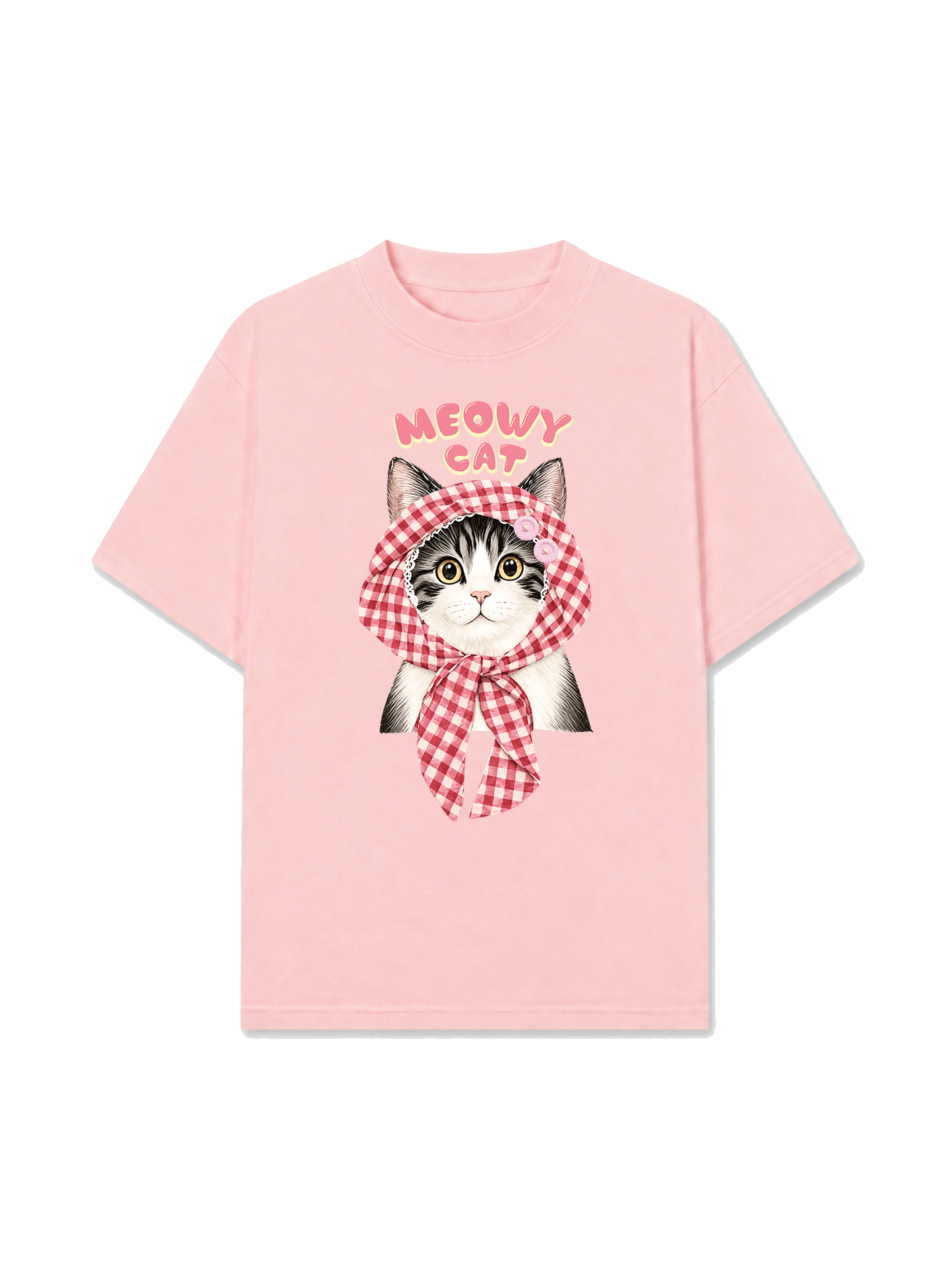 Áo Thun Relaxed Fit Meowy Cat Pink Plaid