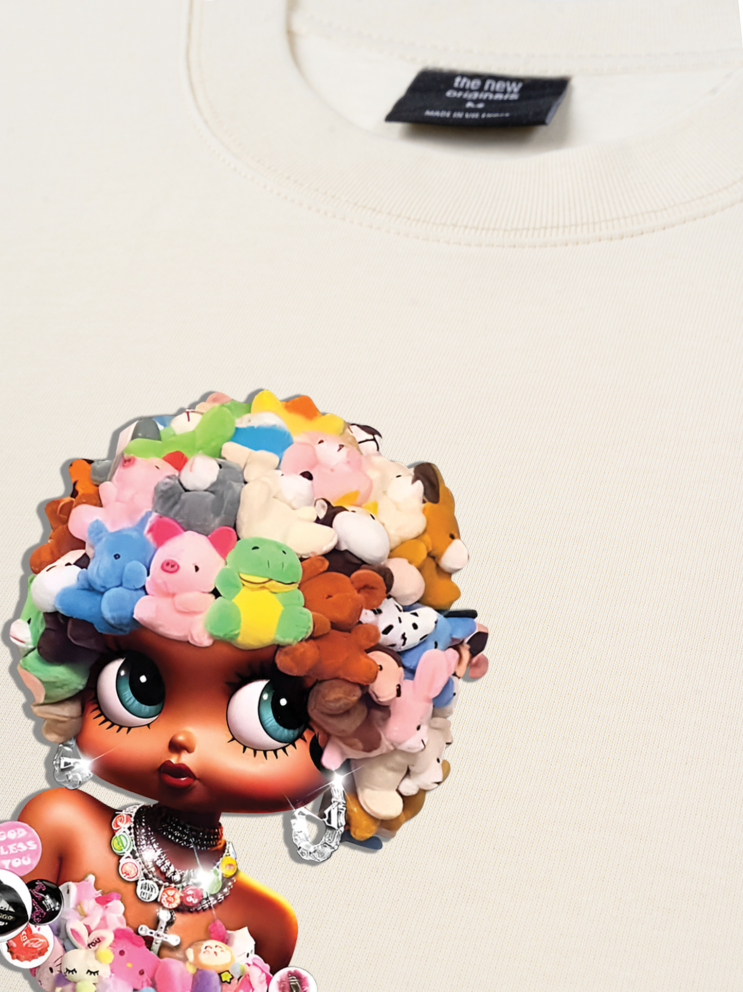 Áo Thun Relaxed Fit Colorful Plush Doll Head Cover Cartoon Girl