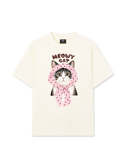 Áo Thun Relaxed Fit Meowy Cat Pink Polka