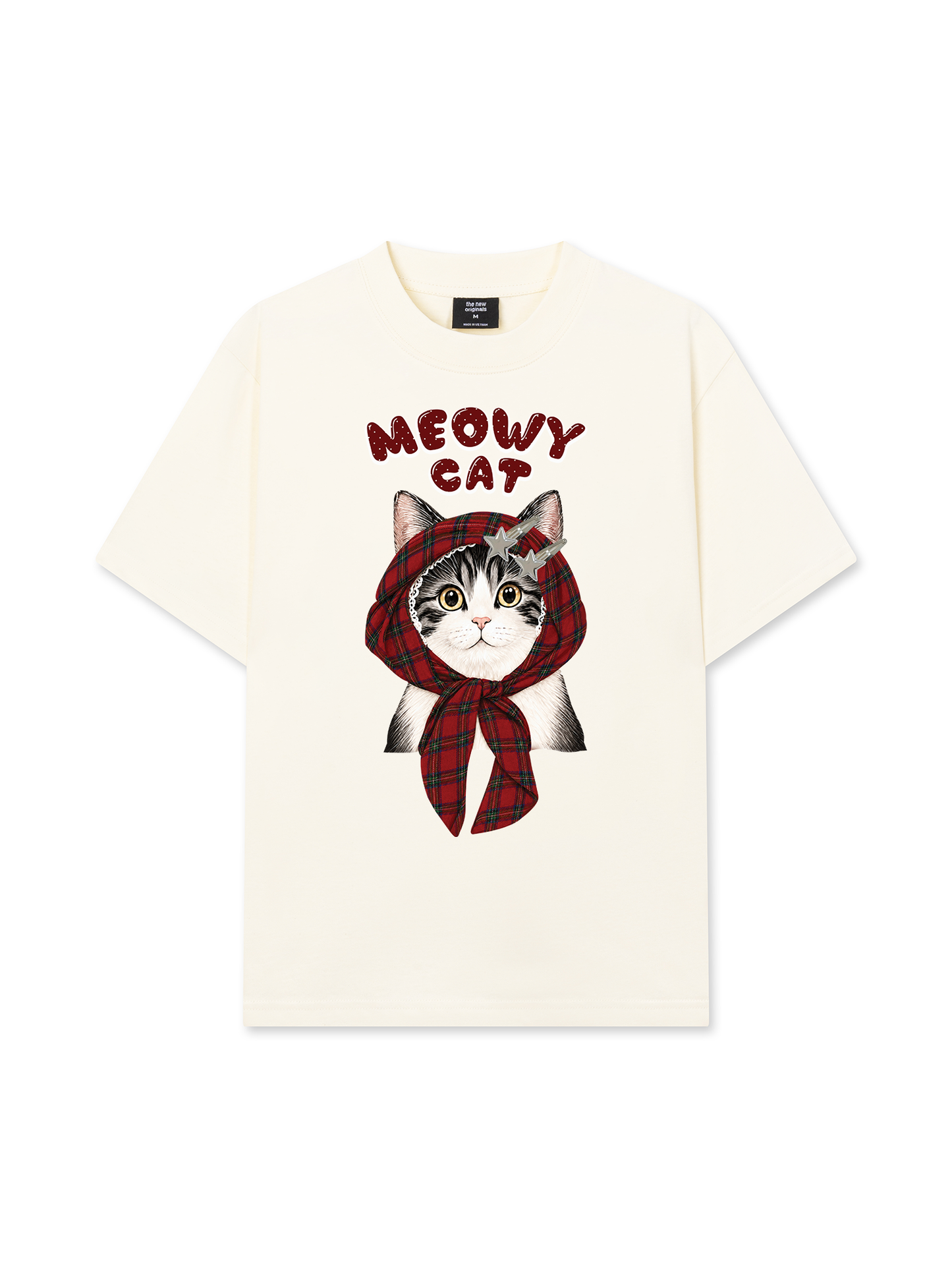 Áo Thun Relaxed Fit Meowy Cat Red Xmas Plaid