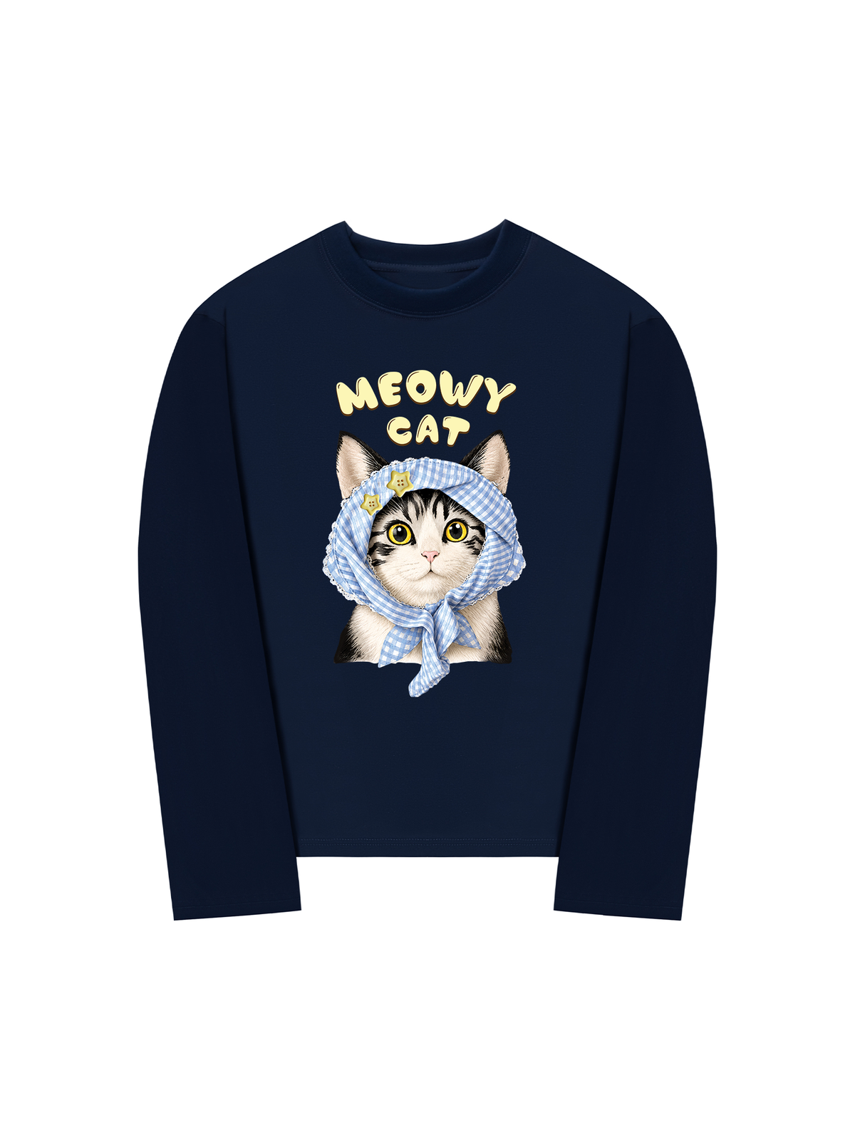 Áo Thun Dài Tay Blue Plaid Meowy Cat