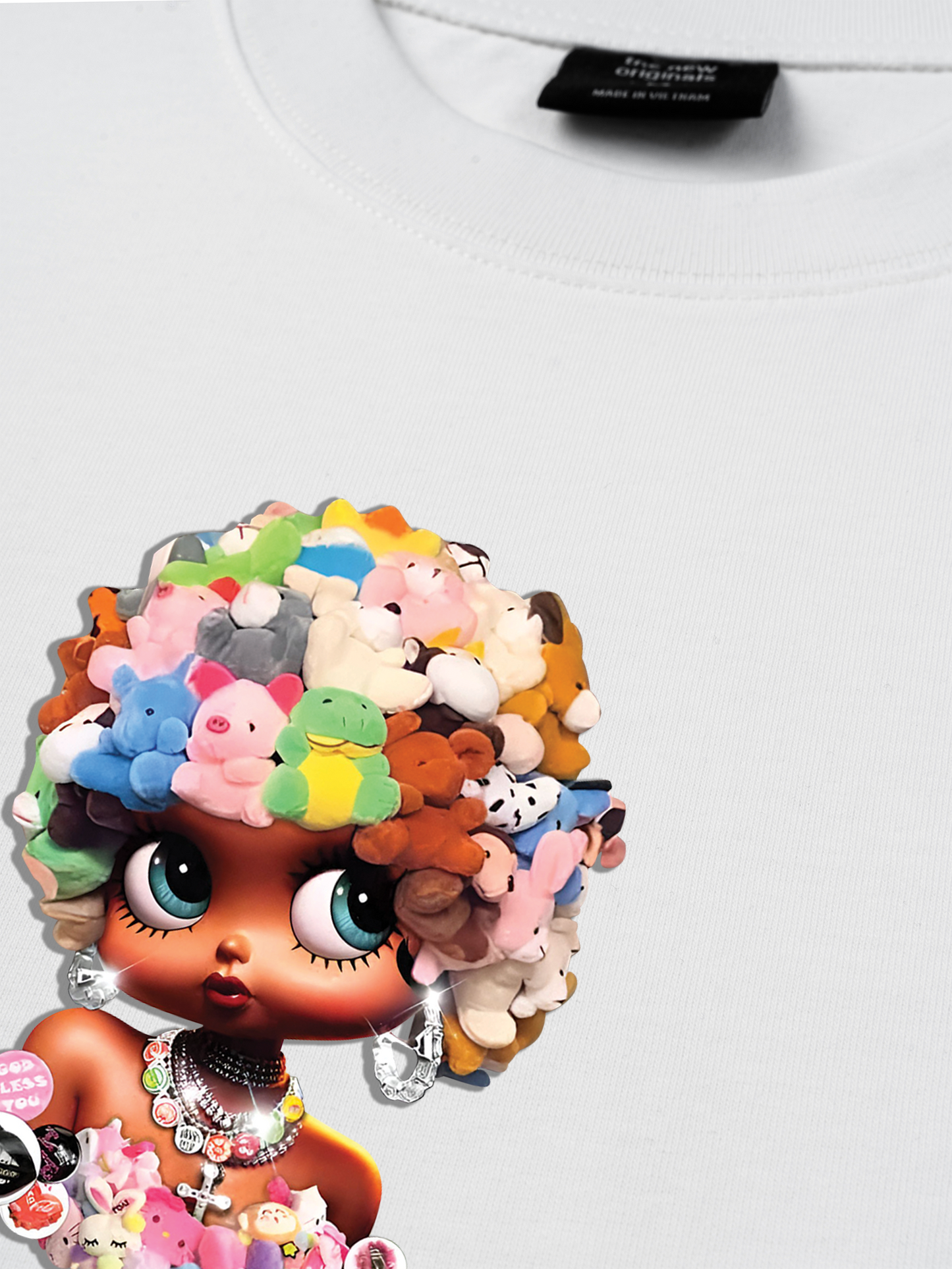 Áo Thun Relaxed Fit Colorful Plush Doll Head Cover Cartoon Girl