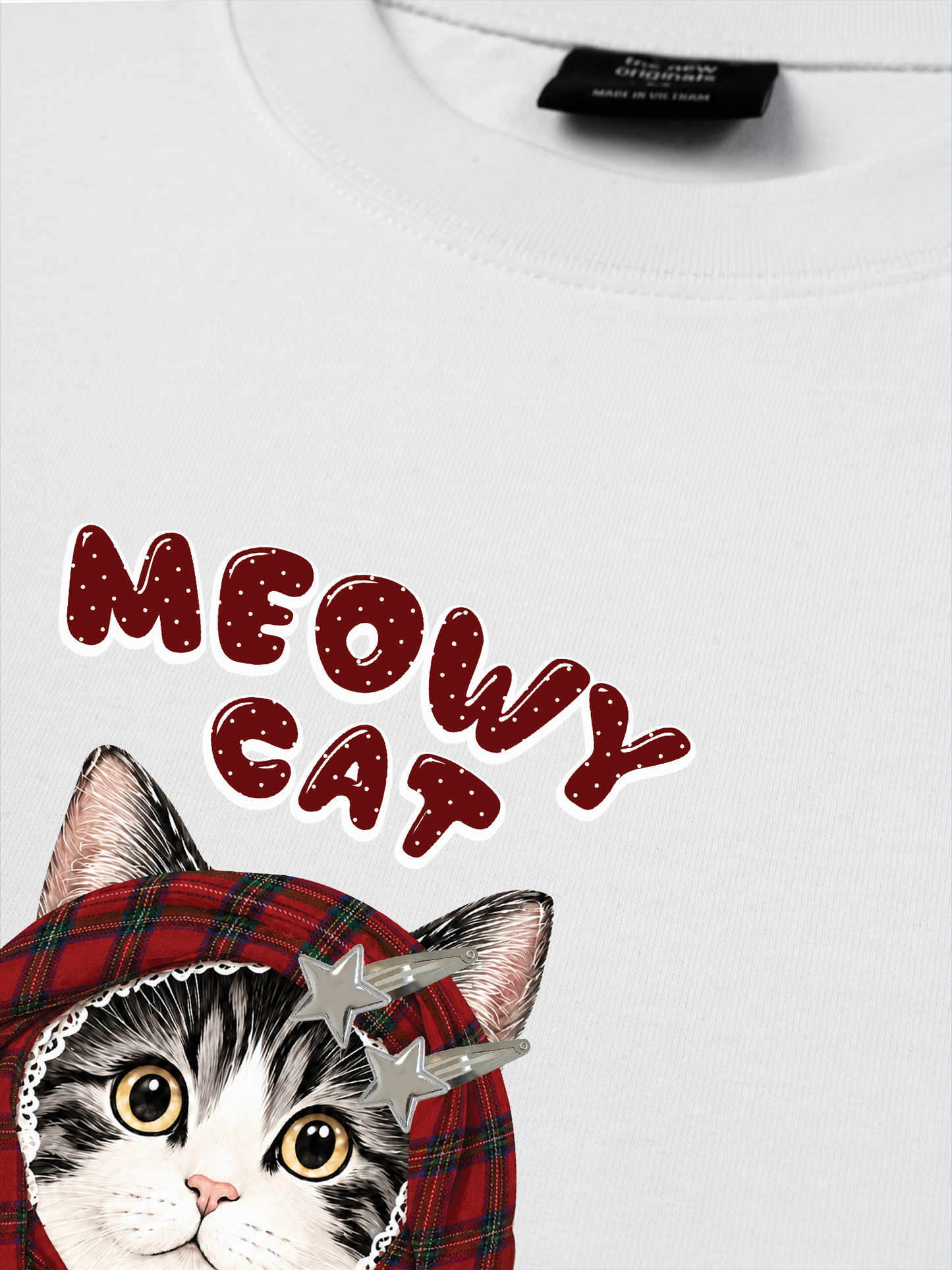 Áo Thun Relaxed Fit Meowy Cat Red Xmas Plaid