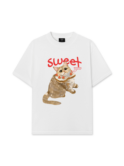 Áo Thun Relaxed Fit Animal Mood Strawberry Bread Cat