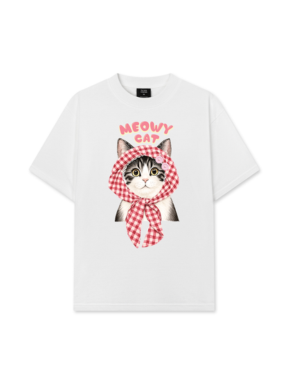 Áo Thun Relaxed Fit Meowy Cat Pink Plaid