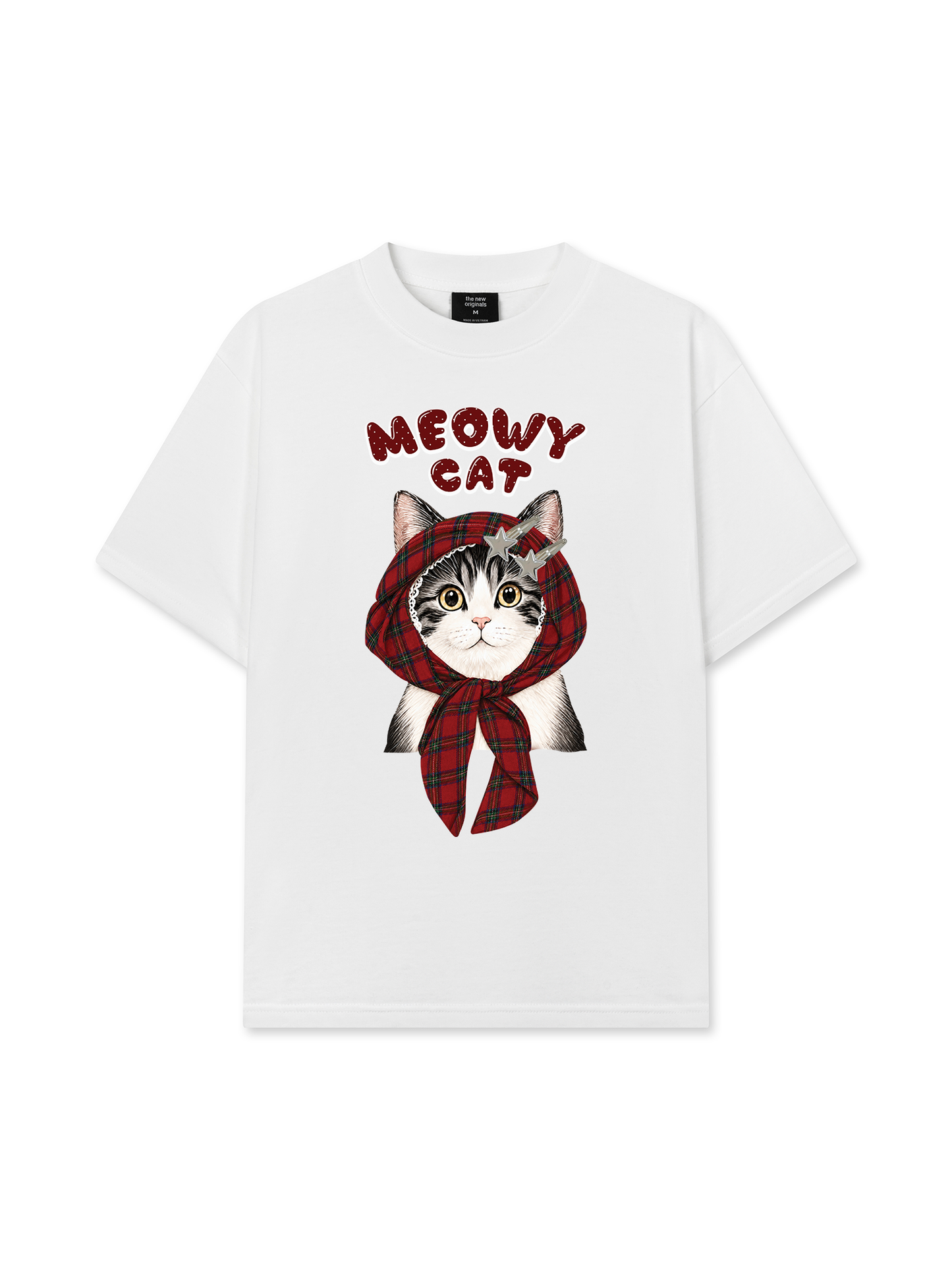Áo Thun Relaxed Fit Meowy Cat Red Xmas Plaid
