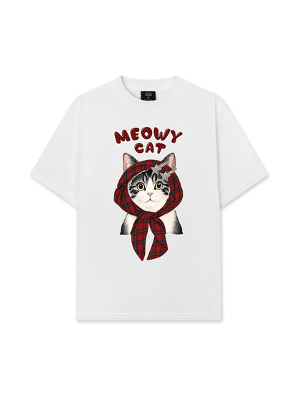 Áo Thun Relaxed Fit Meowy Cat Red Xmas Plaid