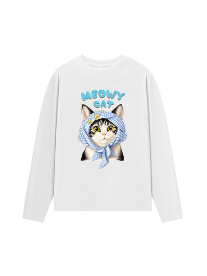 Áo Thun Dài Tay Blue Plaid Meowy Cat