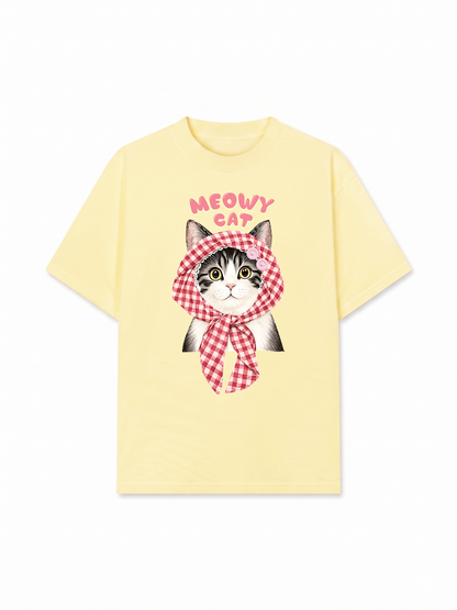 Áo Thun Relaxed Fit Meowy Cat Pink Plaid