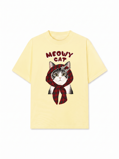 Áo Thun Relaxed Fit Meowy Cat Red Xmas Plaid
