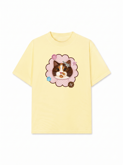 Áo Thun Relaxed Fit Cute Pink Flower Cat